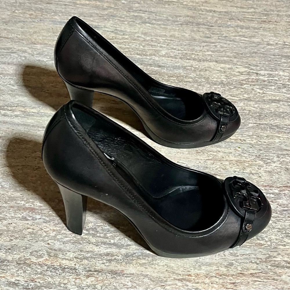 Tory Burch Austin Dark Brown Calista Logo Cone Heels with Signature Medallion - Picture 9 of 17